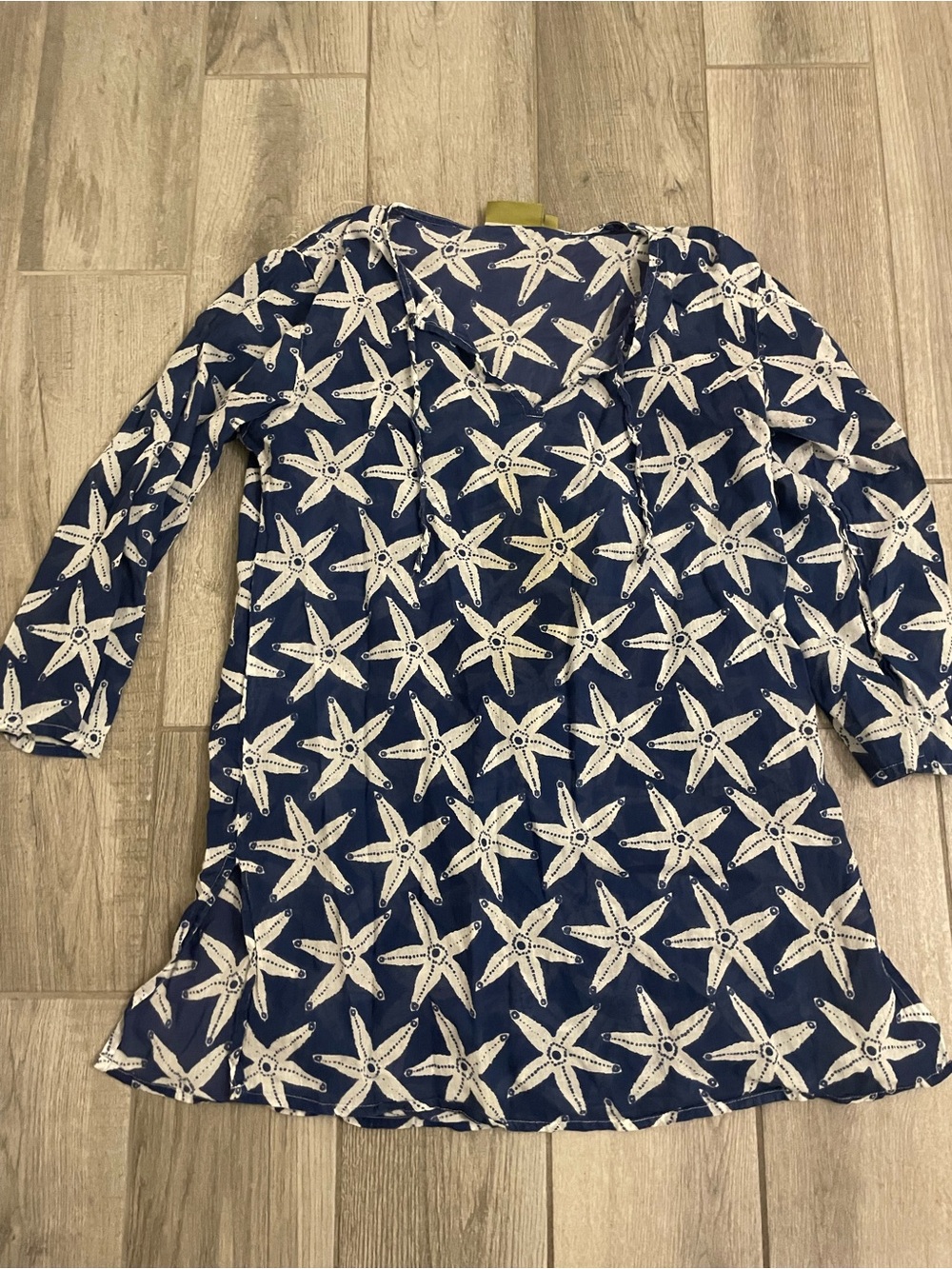 Rock Flower Paper beach/swim coverup Sz Small, cotton navy blue starfish print
